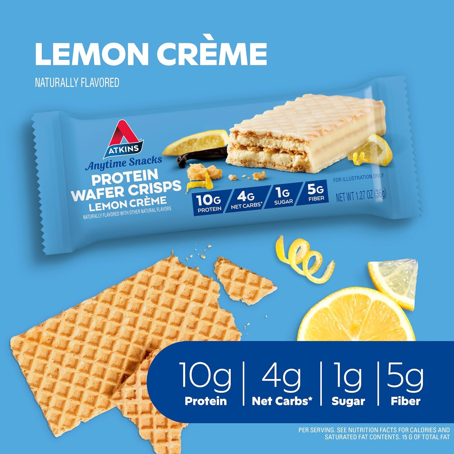 image:imageAtkins Chocolate Crme Protein Wafer Crisps Protein Dessert 4g Net Carb 1g Sugar High in Fiber Keto Friendly 5 CountLemon Crme