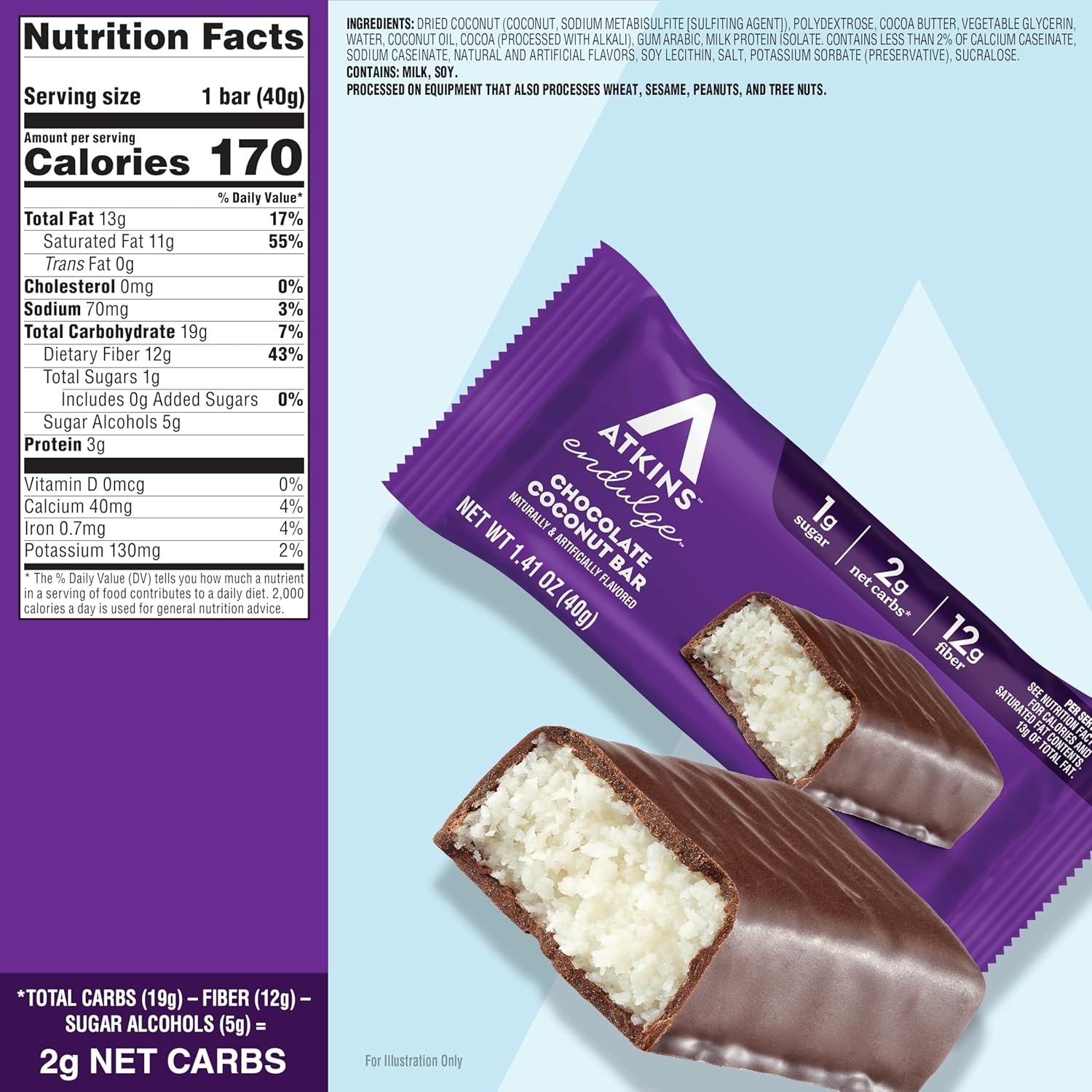 image:imageAtkins Endulge Chocolate Coconut Flavored Snack Bar 1g Sugar 12g Fiber Low Sugar Snack High Fiber Bars Keto Friendly Treat 16 Count16 Count