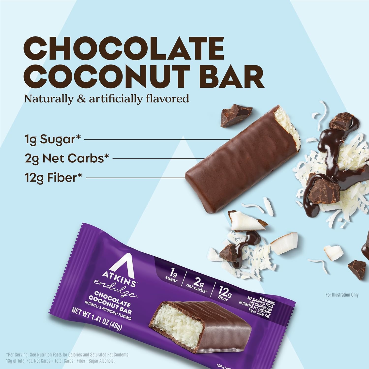 image:imageAtkins Endulge Chocolate Coconut Flavored Snack Bar 1g Sugar 12g Fiber Low Sugar Snack High Fiber Bars Keto Friendly Treat 16 Count16 Count