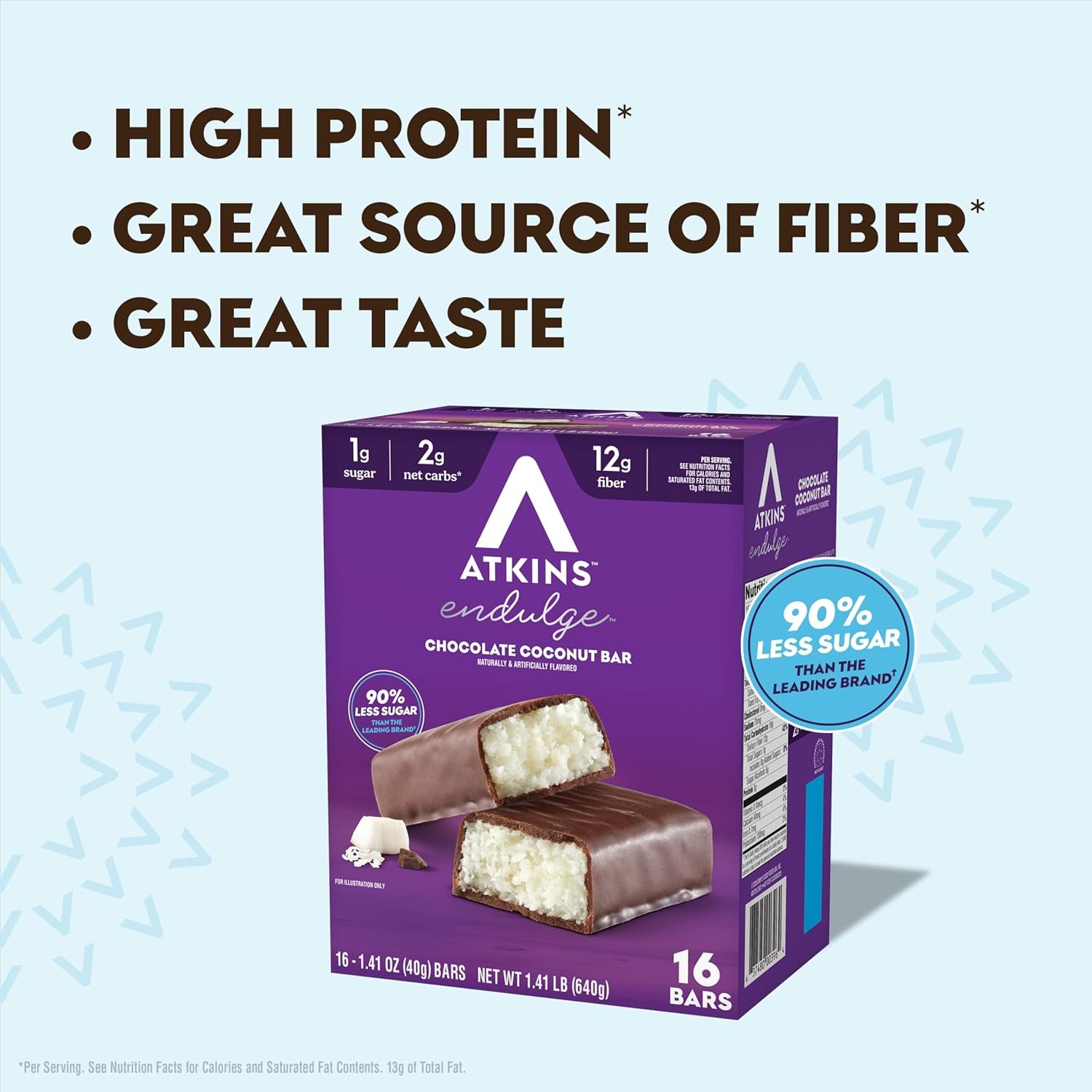 image:imageAtkins Endulge Chocolate Coconut Flavored Snack Bar 1g Sugar 12g Fiber Low Sugar Snack High Fiber Bars Keto Friendly Treat 16 Count16 Count Pack of 6