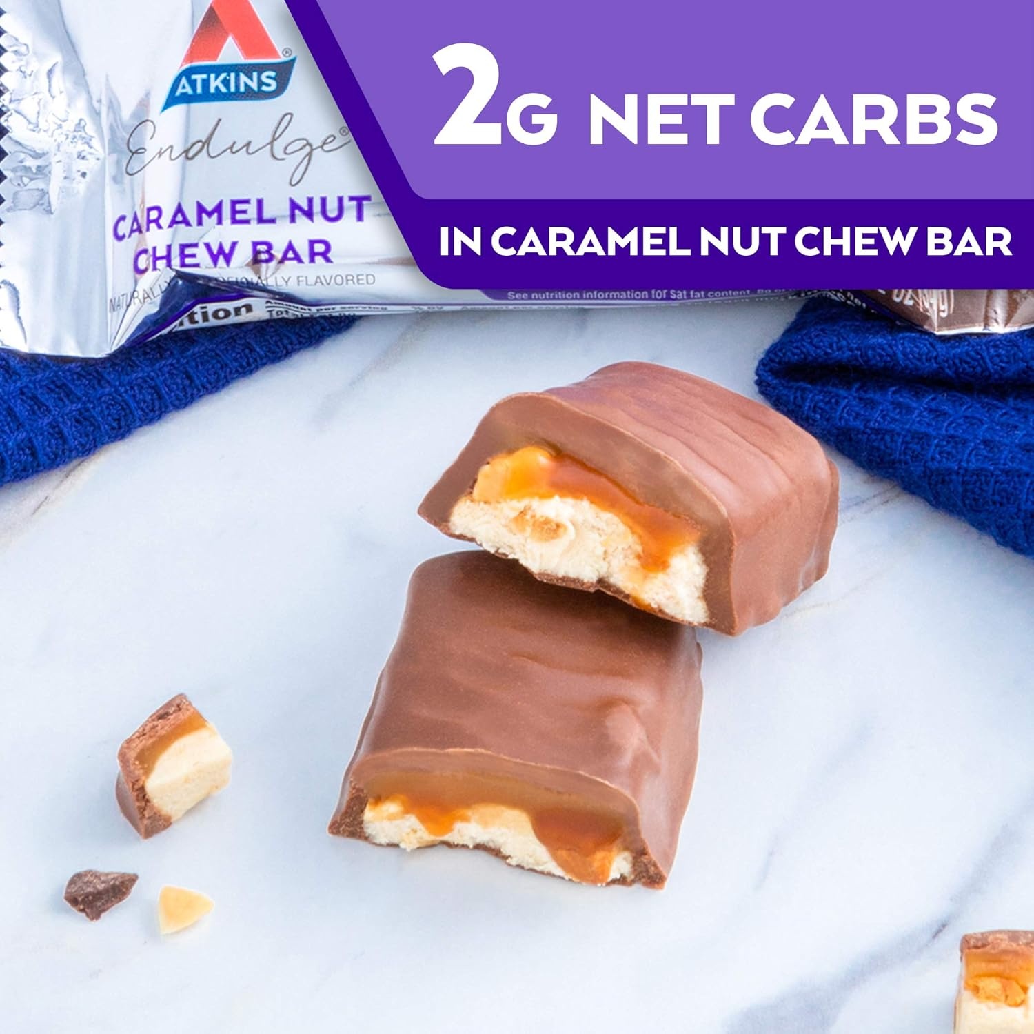 image:imageAtkins Endulge Milk Chocolate Caramel Squares Dessert Favorite Good Source of Fiber 1g Sugar 90 CountCaramel Nut Chew Bar