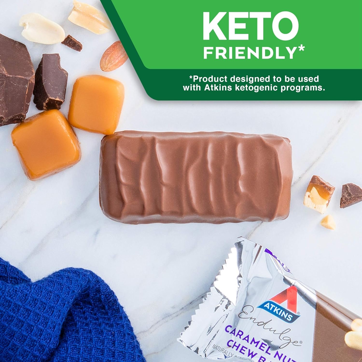image:imageAtkins Endulge Milk Chocolate Caramel Squares Dessert Favorite Good Source of Fiber 1g Sugar 90 CountCaramel Nut Chew Bar
