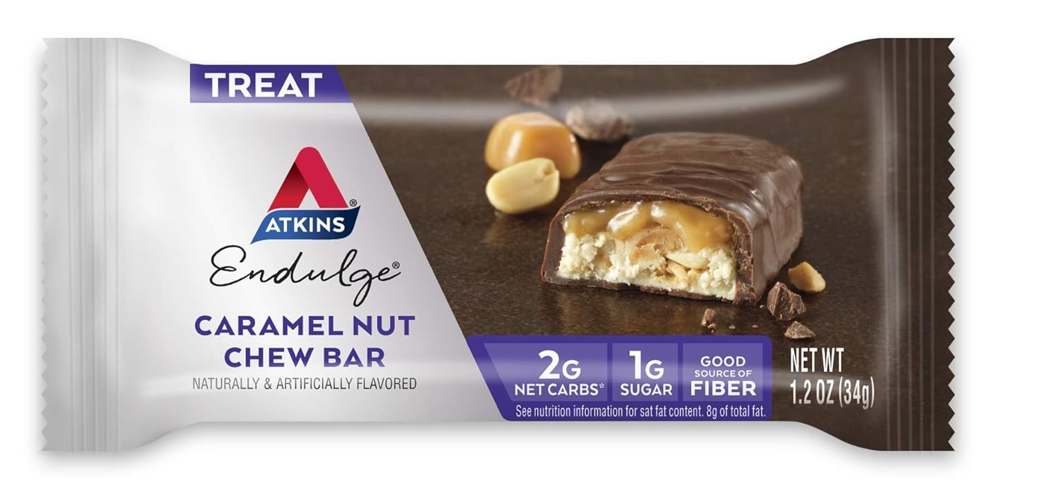 image:imageAtkins Endulge Milk Chocolate Caramel Squares Dessert Favorite Good Source of Fiber 1g Sugar 90 CountCaramel Nut Chew Bar