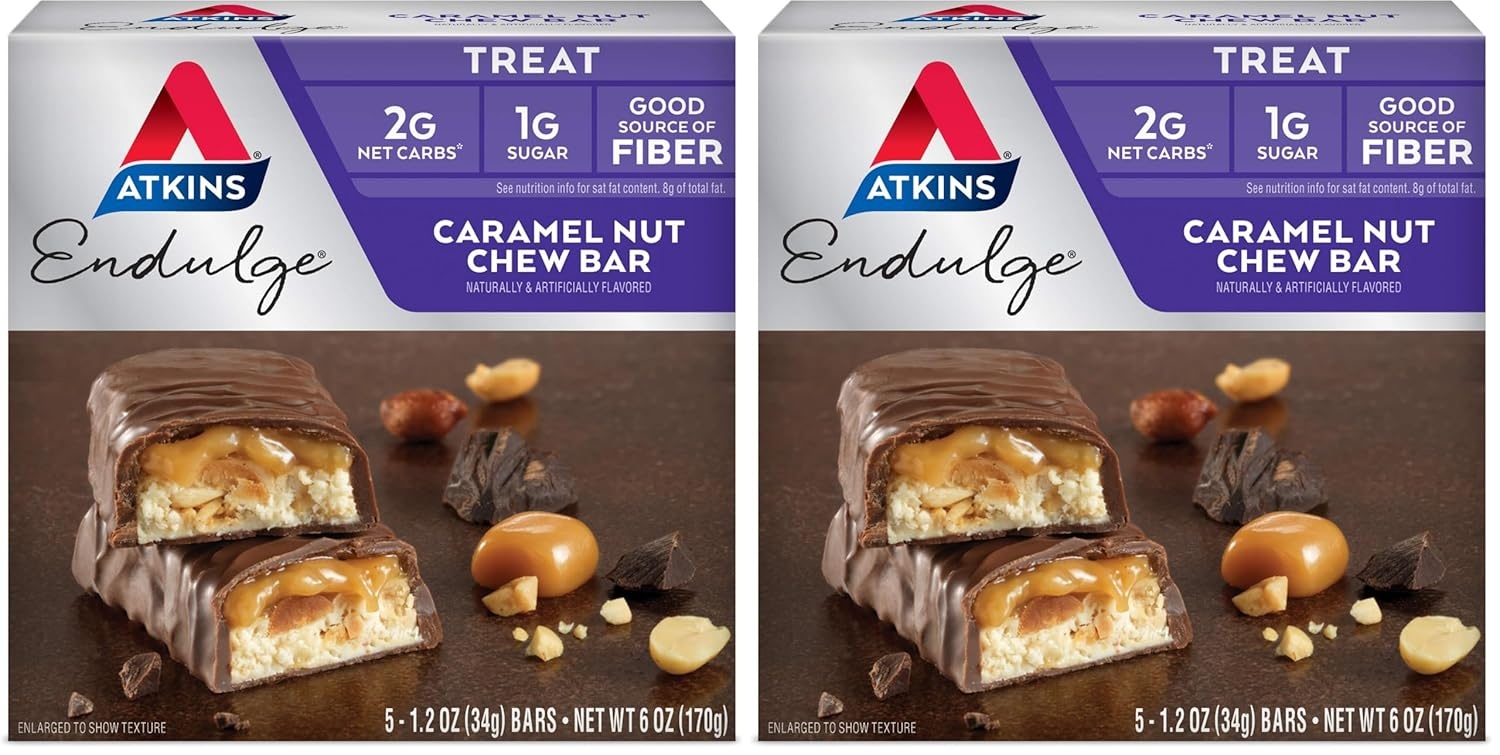 image:imageAtkins Endulge Milk Chocolate Caramel Squares Dessert Favorite Good Source of Fiber 1g Sugar 90 CountCaramel Nut Chew Bar