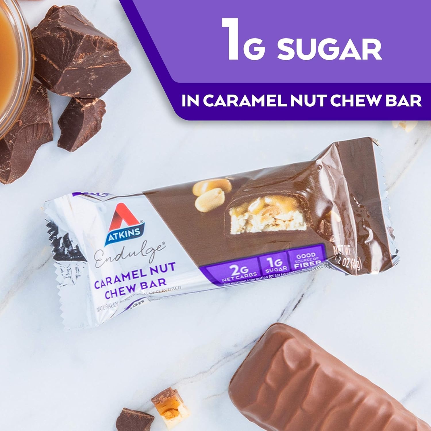 image:imageAtkins Endulge Milk Chocolate Caramel Squares Dessert Favorite Good Source of Fiber 1g Sugar 90 CountCaramel Nut Chew Bar