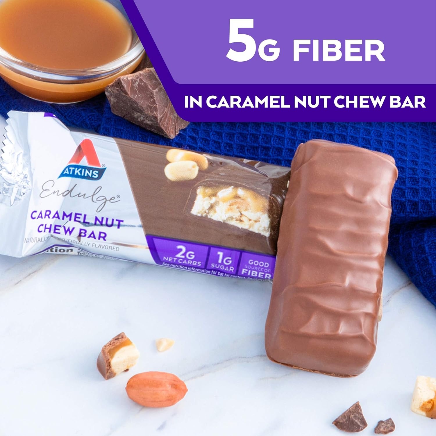 image:imageAtkins Endulge Milk Chocolate Caramel Squares Dessert Favorite Good Source of Fiber 1g Sugar 90 CountCaramel Nut Chew Bar