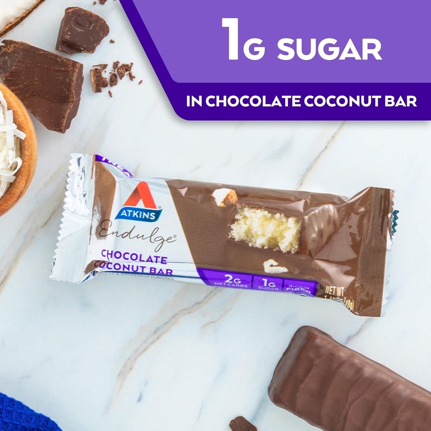 image:imageAtkins Endulge Milk Chocolate Caramel Squares Dessert Favorite Good Source of Fiber 1g Sugar 90 CountChocolate Coconut