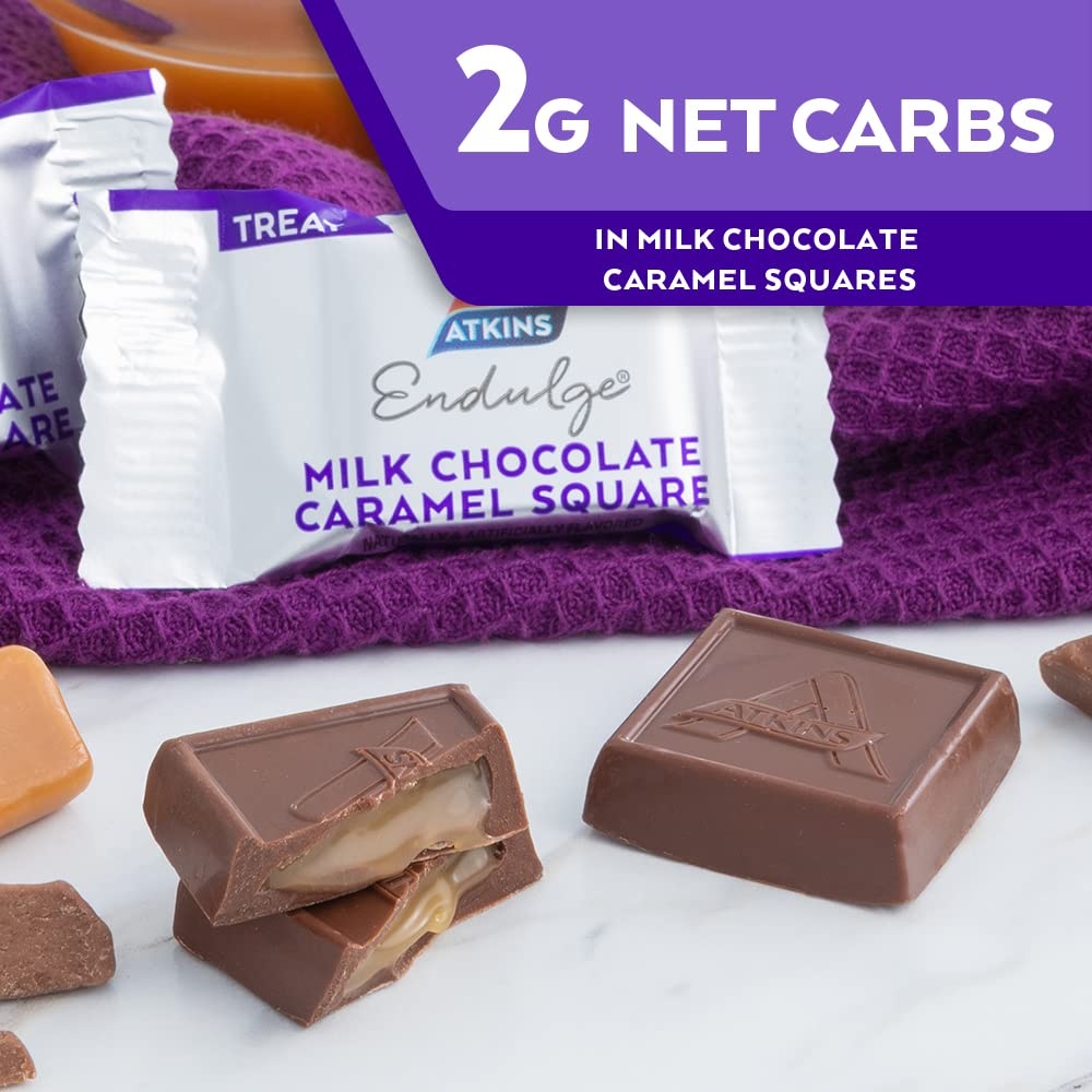 image:imageAtkins Endulge Milk Chocolate Caramel Squares Dessert Favorite Good Source of Fiber 1g Sugar 90 CountMilk Chocolate Caramel Squares