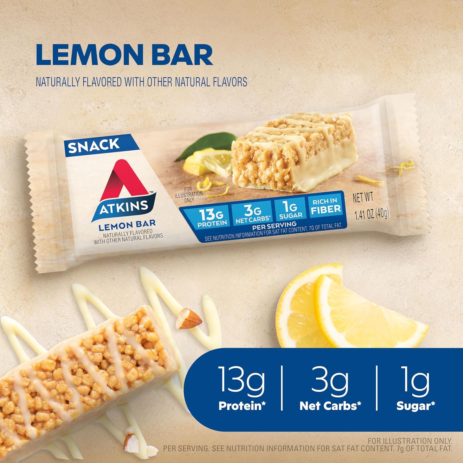 image:imageAtkins Lemon Flavored Snack Bar High Protein Bar Low Sugar and Low Carb Keto Friendly Snack Gluten Free High in Fiber Made with Real Almond Butter 16 CountLemon Bar