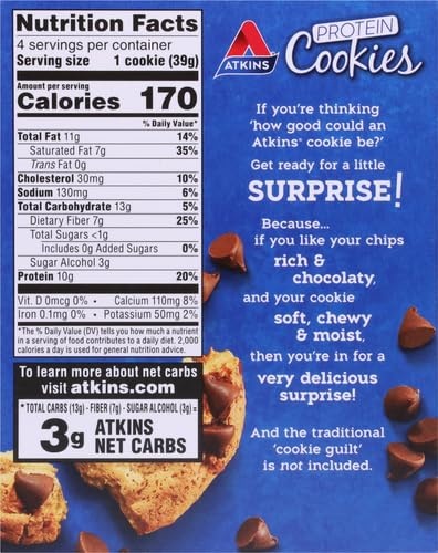 image:imageAtkins Peanut Butter High Protein Cookie Keto Snacks 3g Net Carb 1g Sugar Low Sugar Snacks Low Carb Treats 4 CountChocolate Chip
