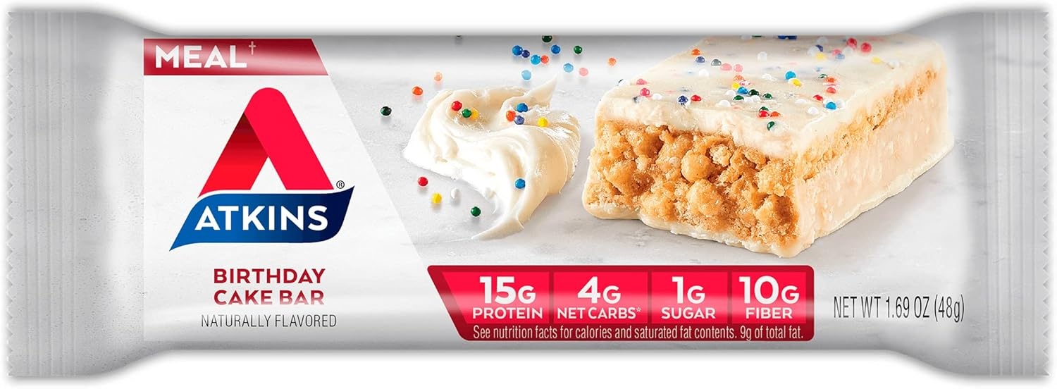 image:imageAtkins Strawberry Shortcake Flavor High Protein Bar 15g Protein 1g Sugar 3g Net Carb High Fiber Snacks Keto Friendly Protein Bars 4 Count Pack of 6Birthday Cake