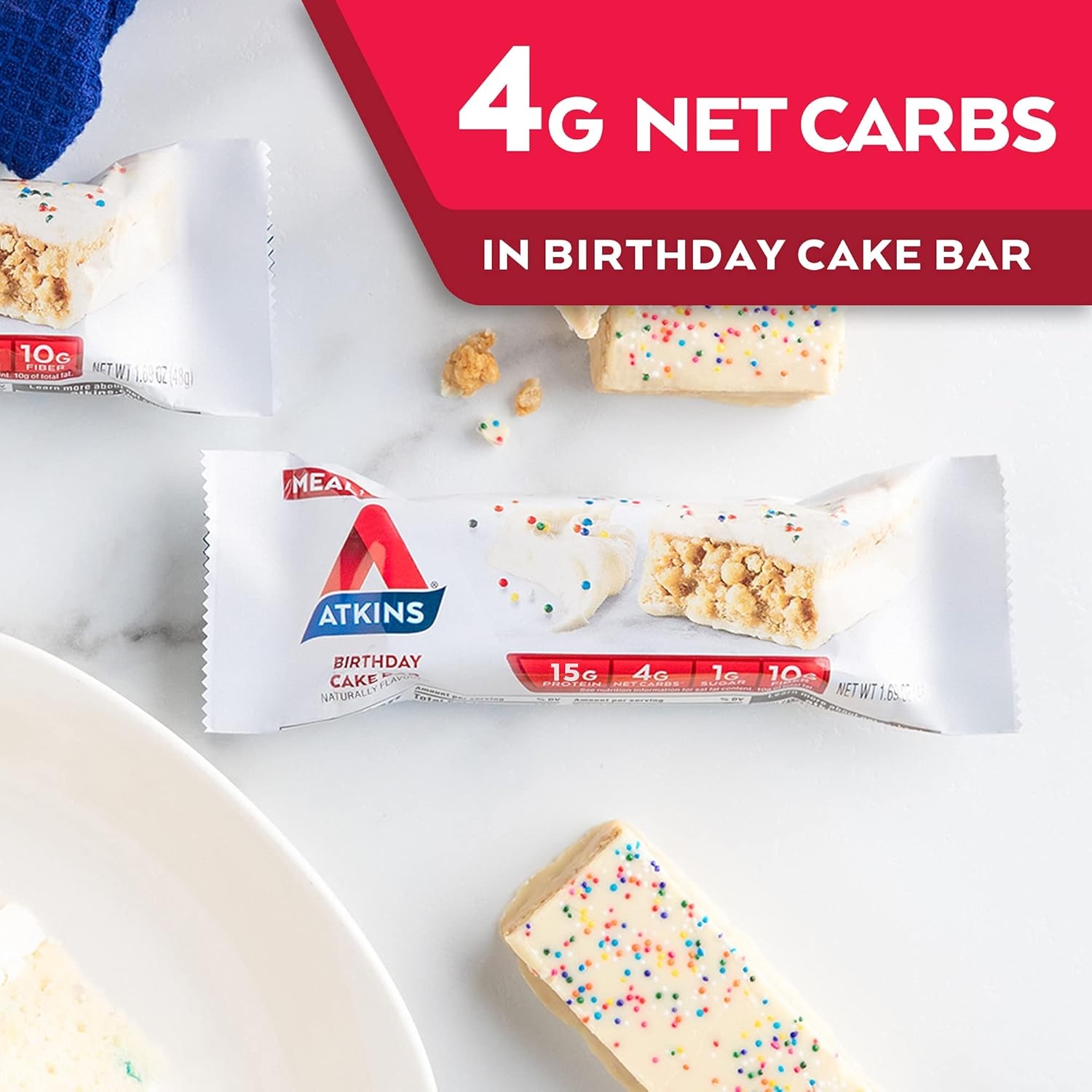 image:imageAtkins Strawberry Shortcake Flavor High Protein Bar 15g Protein 1g Sugar 3g Net Carb High Fiber Snacks Keto Friendly Protein Bars 4 Count Pack of 6Birthday Cake