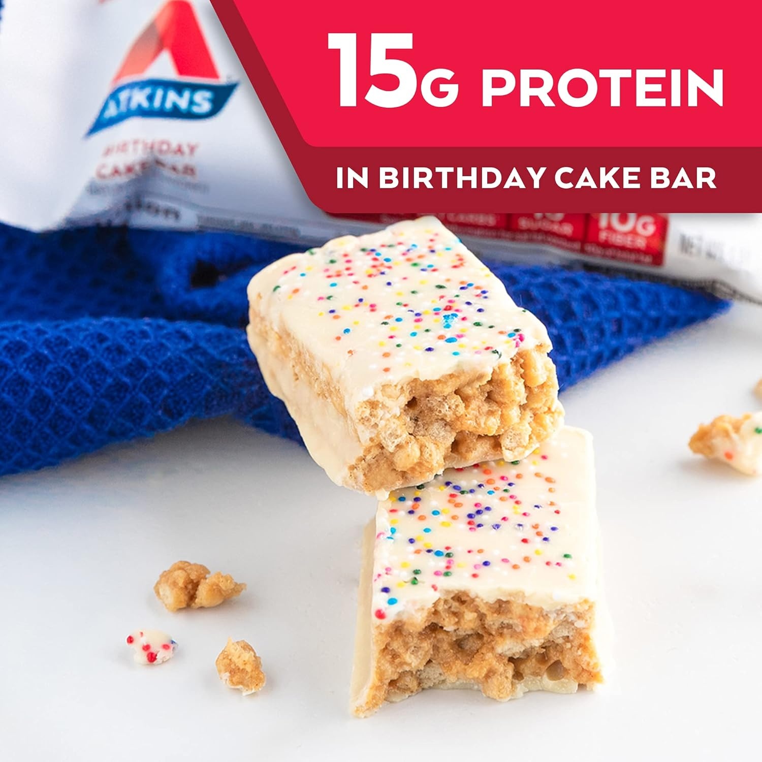 image:imageAtkins Strawberry Shortcake Flavor High Protein Bar 15g Protein 1g Sugar 3g Net Carb High Fiber Snacks Keto Friendly Protein Bars 4 Count Pack of 6Birthday Cake