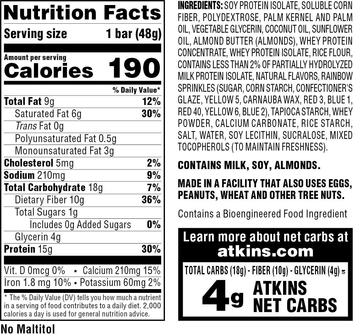 image:imageAtkins Strawberry Shortcake Flavor High Protein Bar 15g Protein 1g Sugar 3g Net Carb High Fiber Snacks Keto Friendly Protein Bars 4 Count Pack of 6Birthday Cake