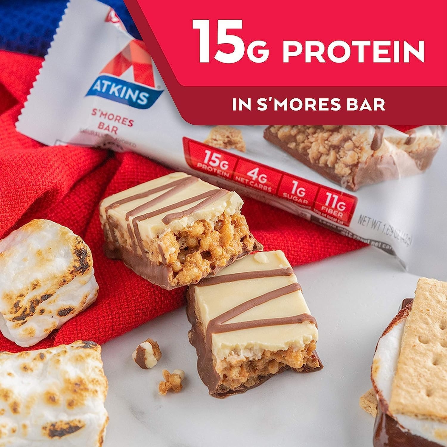 image:imageAtkins Strawberry Shortcake Flavor High Protein Bar 15g Protein 1g Sugar 3g Net Carb High Fiber Snacks Keto Friendly Protein Bars 4 Count Pack of 6Smores