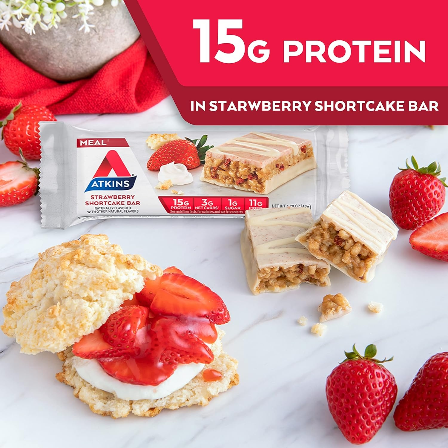 image:imageAtkins Strawberry Shortcake Flavor High Protein Bar 15g Protein 1g Sugar 3g Net Carb High Fiber Snacks Keto Friendly Protein Bars 4 Count Pack of 6Strawberry Shortcake