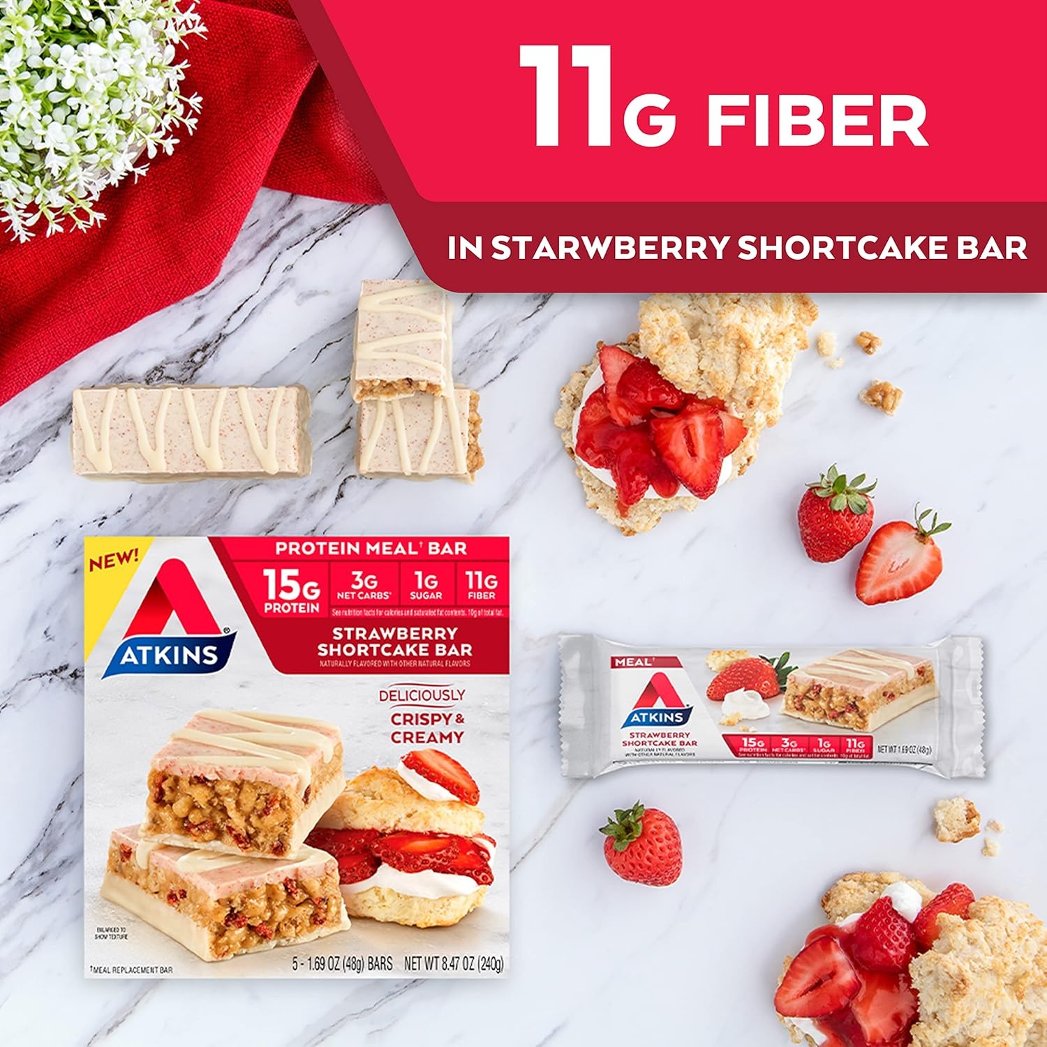 image:imageAtkins Strawberry Shortcake Flavor High Protein Bar 15g Protein 1g Sugar 3g Net Carb High Fiber Snacks Keto Friendly Protein Bars 4 Count Pack of 6Strawberry Shortcake