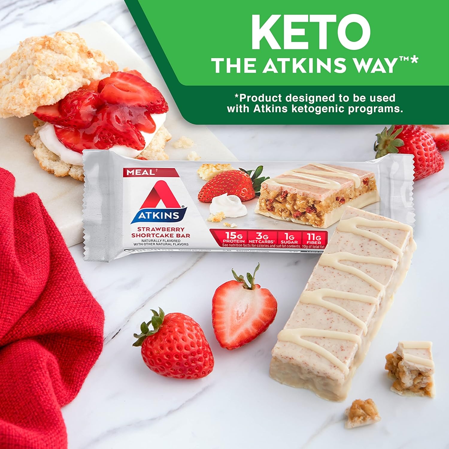 image:imageAtkins Strawberry Shortcake Flavor High Protein Bar 15g Protein 1g Sugar 3g Net Carb High Fiber Snacks Keto Friendly Protein Bars 4 Count Pack of 6Strawberry Shortcake