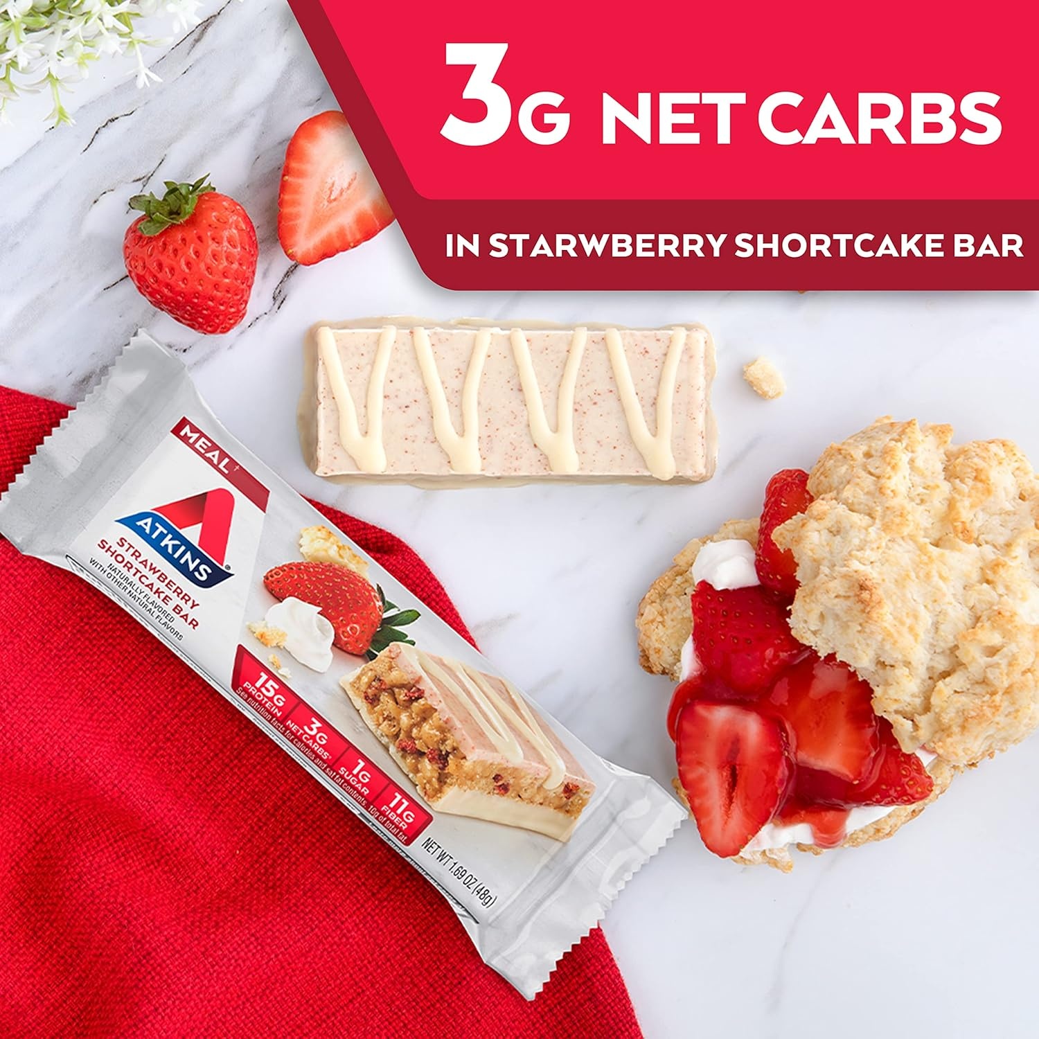 image:imageAtkins Strawberry Shortcake Flavor High Protein Bar 15g Protein 1g Sugar 3g Net Carb High Fiber Snacks Keto Friendly Protein Bars 4 Count Pack of 6Strawberry Shortcake