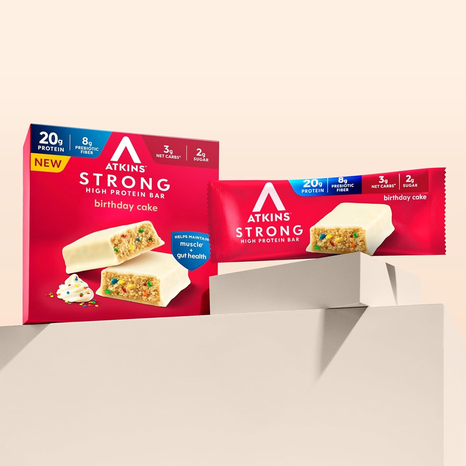 image:imageAtkins Strong Birthday Cake High Protein Bars 20g Protein 2g Sugar 4 Count Pack of 6Birthday Cake