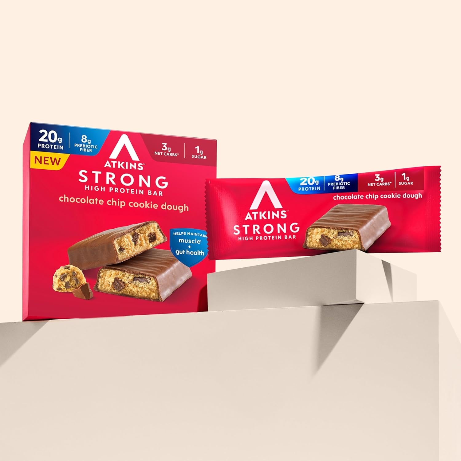 image:imageAtkins Strong Birthday Cake High Protein Bars 20g Protein 2g Sugar 4 Count Pack of 6Chocolate Chip Cookie Dough