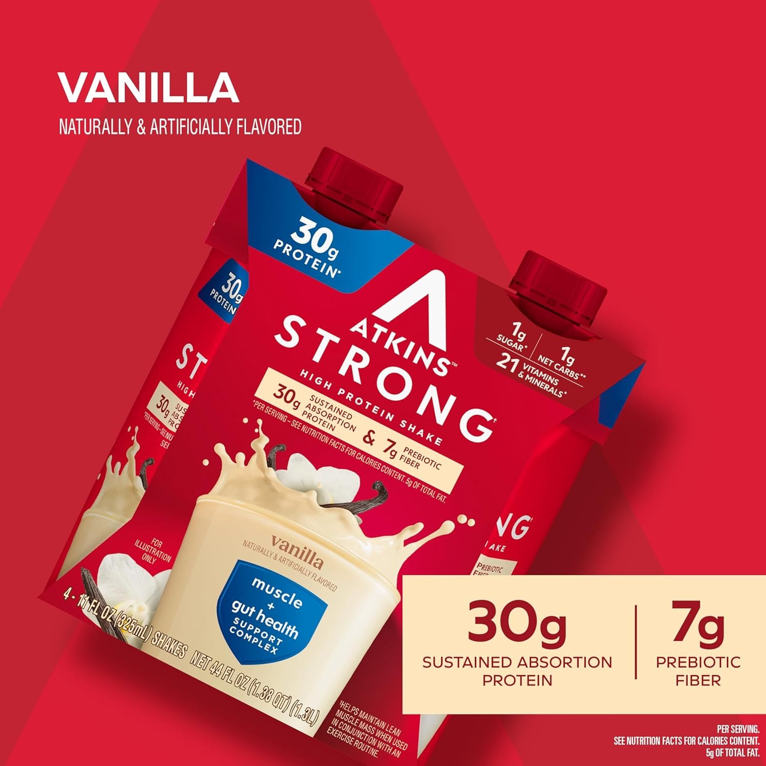 image:imageAtkins Strong High Protein Shake Chocolate Peanut Butter Flavor 30g Protein GLP1 Support Low Carb and Low Sugar Shake Keto Friendly Gluten Free Muscle and Gut Health Support 12 CountVanilla