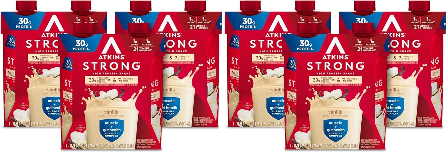 image:imageAtkins Strong High Protein Shake Chocolate Peanut Butter Flavor 30g Protein GLP1 Support Low Carb and Low Sugar Shake Keto Friendly Gluten Free Muscle and Gut Health Support 12 CountVanilla