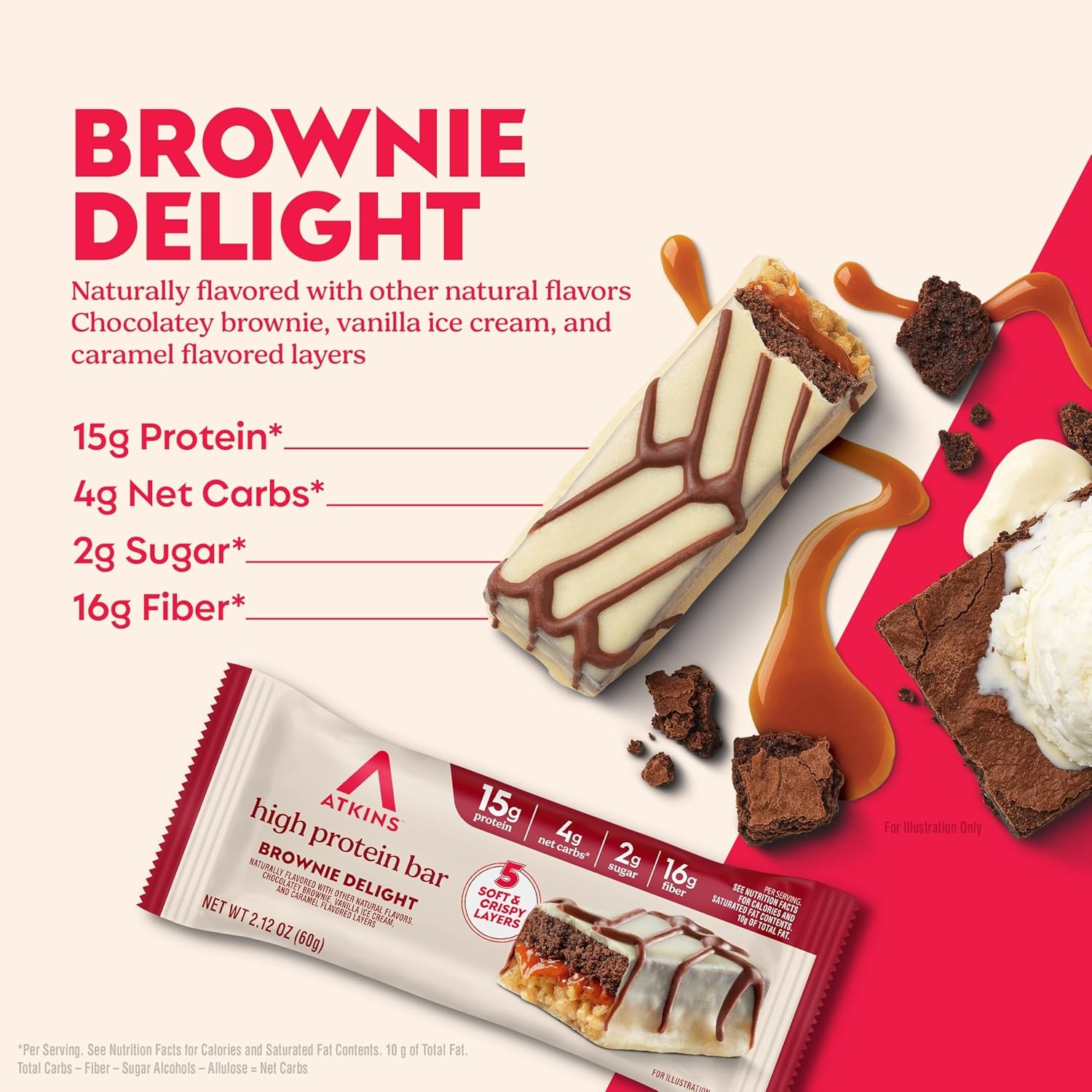 image:imageNew Atkins High Protein Bars Brownie Delight Flavor 15g of Protein 4g Net Carbs 4 Count Pack of 3Brownie Delight