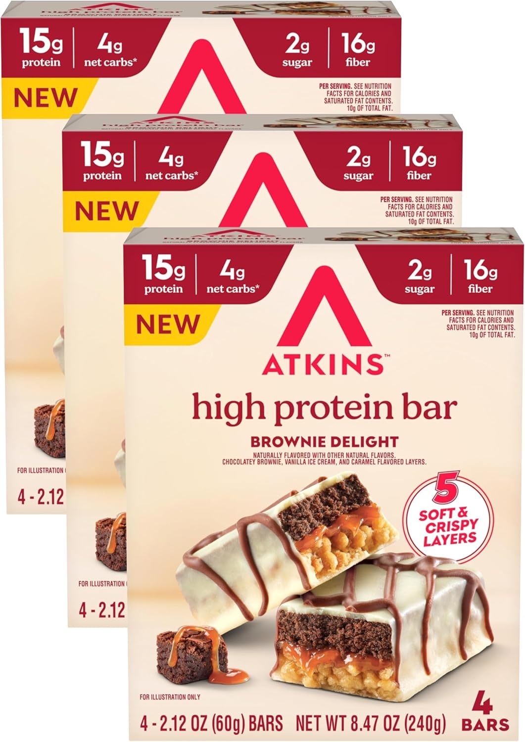 image:imageNew Atkins High Protein Bars Brownie Delight Flavor 15g of Protein 4g Net Carbs 4 Count Pack of 3Brownie Delight