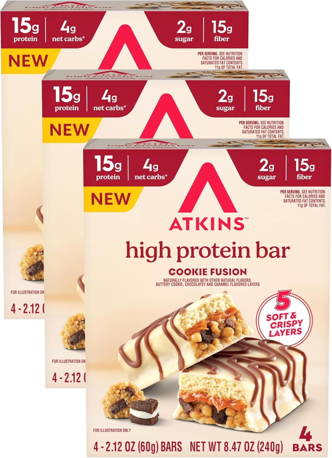 image:imageNew Atkins High Protein Bars Brownie Delight Flavor 15g of Protein 4g Net Carbs 4 Count Pack of 3Cookie Fusion