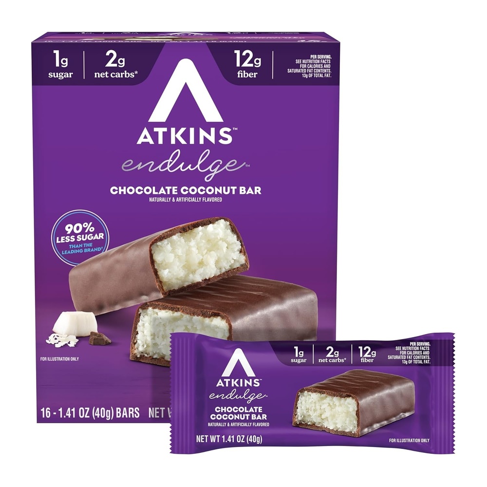 image:imageAtkins Endulge Chocolate Coconut Flavored Snack Bar 1g Sugar 12g Fiber Low Sugar Snack High Fiber Bars Keto Friendly Treat 16 Count16 Count Pack of 6