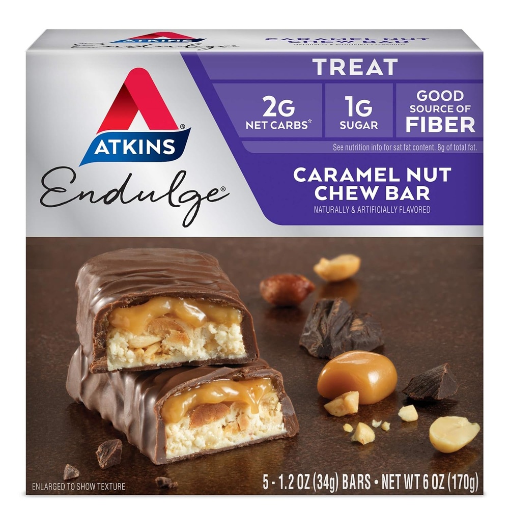 image:imageAtkins Endulge Milk Chocolate Caramel Squares Dessert Favorite Good Source of Fiber 1g Sugar 90 CountCaramel Nut Chew Bar
