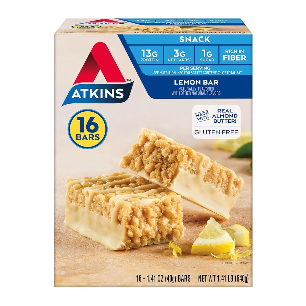image:imageAtkins Lemon Flavored Snack Bar High Protein Bar Low Sugar and Low Carb Keto Friendly Snack Gluten Free High in Fiber Made with Real Almond Butter 16 CountLemon Bar