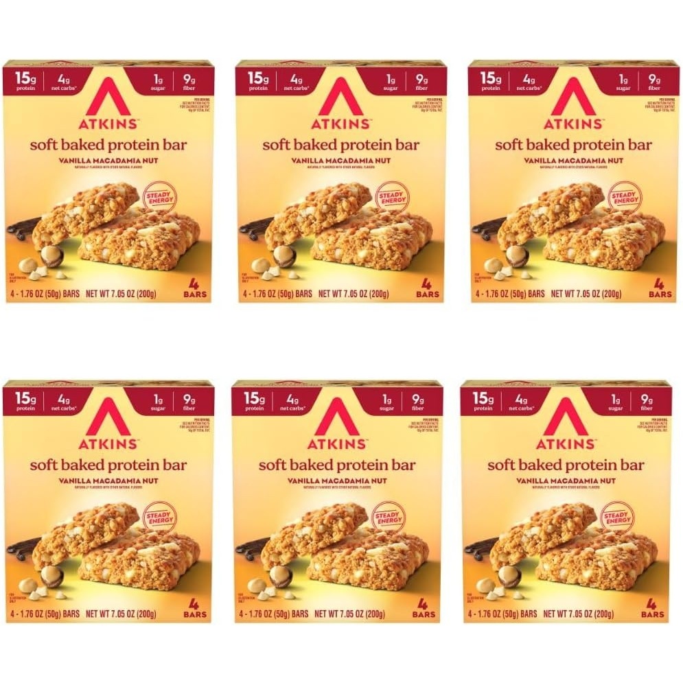 image:imageAtkins Soft Baked High Protein Bars Lemon Poppy Seed Flavor 15g Protein 4g Net Carbs 2g Sugar Keto Snacks Low Sugar Bars High Fiber Snacks 6 pack 4 bars eachVanilla Macadamia Nut
