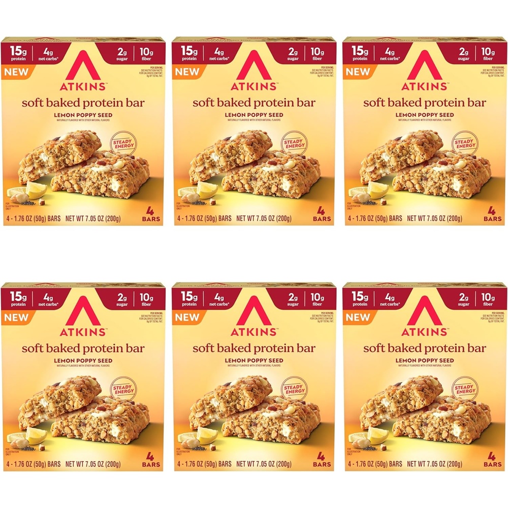 image:imageAtkins Soft Baked High Protein Bars Lemon Poppy Seed Flavor 15g Protein 4g Net Carbs 2g Sugar Keto Snacks Low Sugar Bars High Fiber Snacks 6 pack 4 bars eachLemon Poppyseed