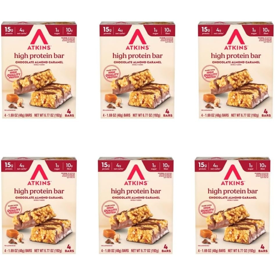 image:imageAtkins Strawberry Shortcake Flavor High Protein Bar 15g Protein 1g Sugar 3g Net Carb High Fiber Snacks Keto Friendly Protein Bars 4 Count Pack of 6Chocolate Caramel Almond