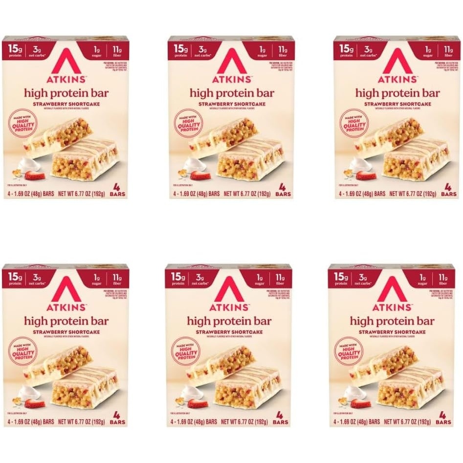 image:imageAtkins Strawberry Shortcake Flavor High Protein Bar 15g Protein 1g Sugar 3g Net Carb High Fiber Snacks Keto Friendly Protein Bars 4 Count Pack of 6Strawberry Shortcake