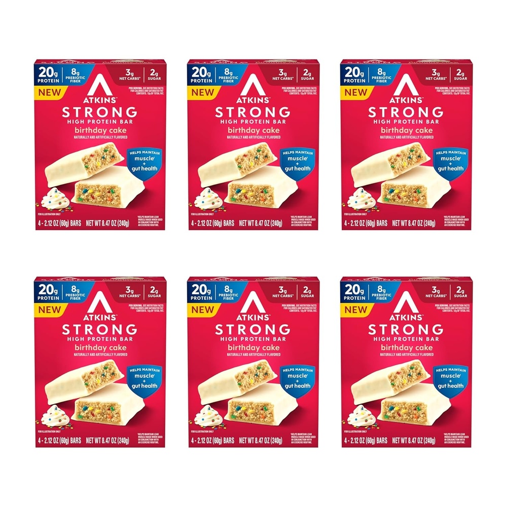 image:imageAtkins Strong Birthday Cake High Protein Bars 20g Protein 2g Sugar 4 Count Pack of 6Birthday Cake
