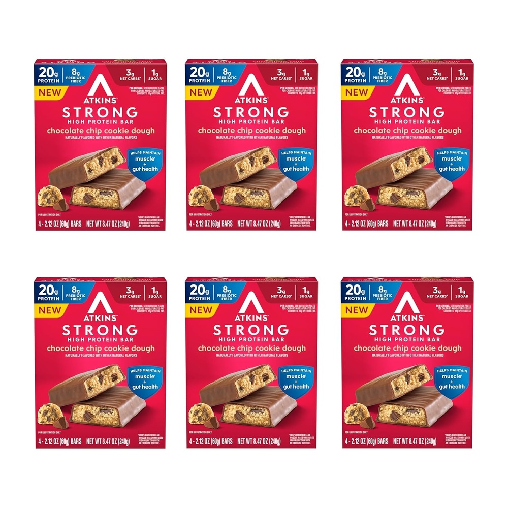 image:imageAtkins Strong Birthday Cake High Protein Bars 20g Protein 2g Sugar 4 Count Pack of 6Chocolate Chip Cookie Dough