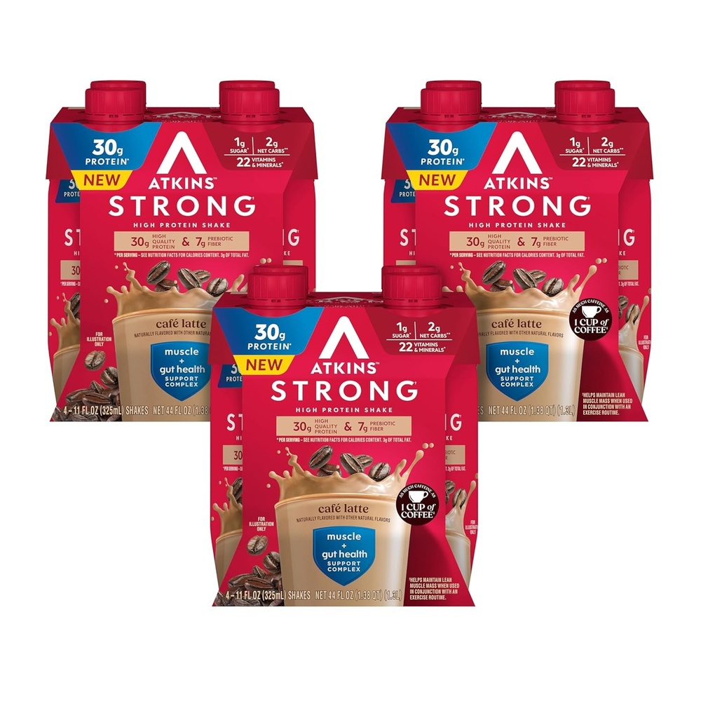 image:imageAtkins Strong High Protein Shake Chocolate Peanut Butter Flavor 30g Protein GLP1 Support Low Carb and Low Sugar Shake Keto Friendly Gluten Free Muscle and Gut Health Support 12 CountCafe Latte