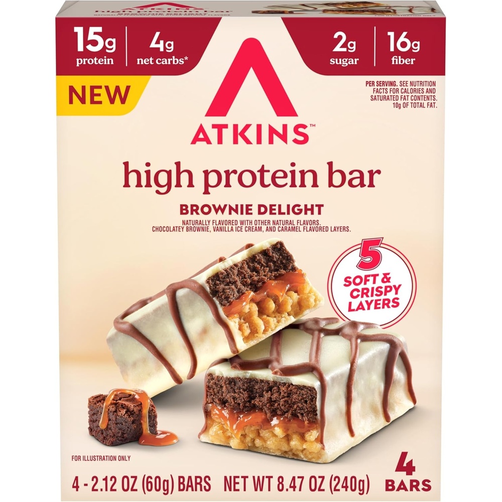 image:imageNew Atkins High Protein Bars Brownie Delight Flavor 15g of Protein 4g Net Carbs 4 Count Pack of 3Brownie Delight