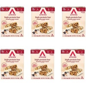 Atkins Blueberry Greek Yogurt Flavor, High Protein Bar, 15g Protein, 3g Sugar, 5g Net Carb, High Fiber Snacks, Keto Friendly Protein Bars, 4 Count (Pack of 6)(Blueberry Greek Yogurt)