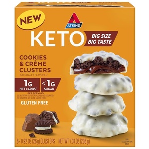 Atkins Keto Cookies & Crème Clusters, Gluten Free, High Fiber, Low Carb, Keto Friendly, 8 Count(Cookies & Crème Clusters)