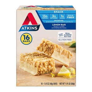Atkins Lemon Flavored Snack Bar, High Protein Bar, Low Sugar and Low Carb, Keto Friendly Snack, Gluten Free, High in Fiber, Made with Real Almond Butter, 16 Count(Lemon Bar)