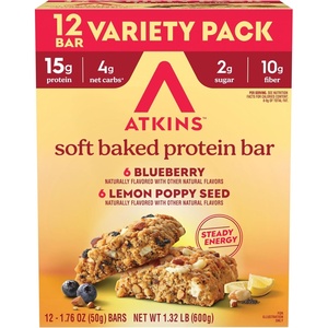 Atkins Soft Baked High Protein Bars, Lemon Poppy Seed Flavor, 15g Protein, 4g Net Carbs, 2g Sugar, Keto Snacks, Low Sugar Bars, High Fiber Snacks, 6 pack (4 bars each)(Blueberry & Lemon Poppyseed)