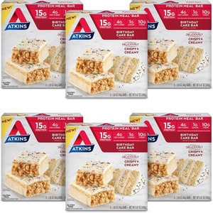 Atkins Strawberry Shortcake Flavor High Protein Bar, 15g Protein, 1g Sugar, 3g Net Carb, High Fiber Snacks, Keto Friendly Protein Bars, 4 Count (Pack of 6)(Birthday Cake)