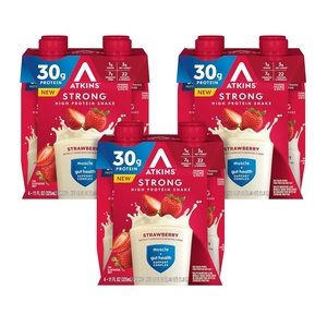 Atkins Strong High Protein Shake, Chocolate Peanut Butter Flavor, 30g Protein, GLP-1 Support, Low Carb and Low Sugar Shake, Keto Friendly, Gluten Free, Muscle and Gut Health Support, 12 Count(Strawberry)