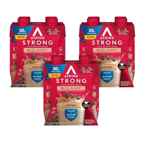 Atkins Strong High Protein Shake, Chocolate Peanut Butter Flavor, 30g Protein, GLP-1 Support, Low Carb and Low Sugar Shake, Keto Friendly, Gluten Free, Muscle and Gut Health Support, 12 Count(Cafe Latte)