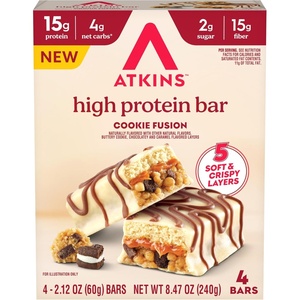 New Atkins High Protein Bars, Brownie Delight Flavor, 15g of Protein, 4g Net Carbs, 4 Count* (Pack of 3)(Cookie Fusion)